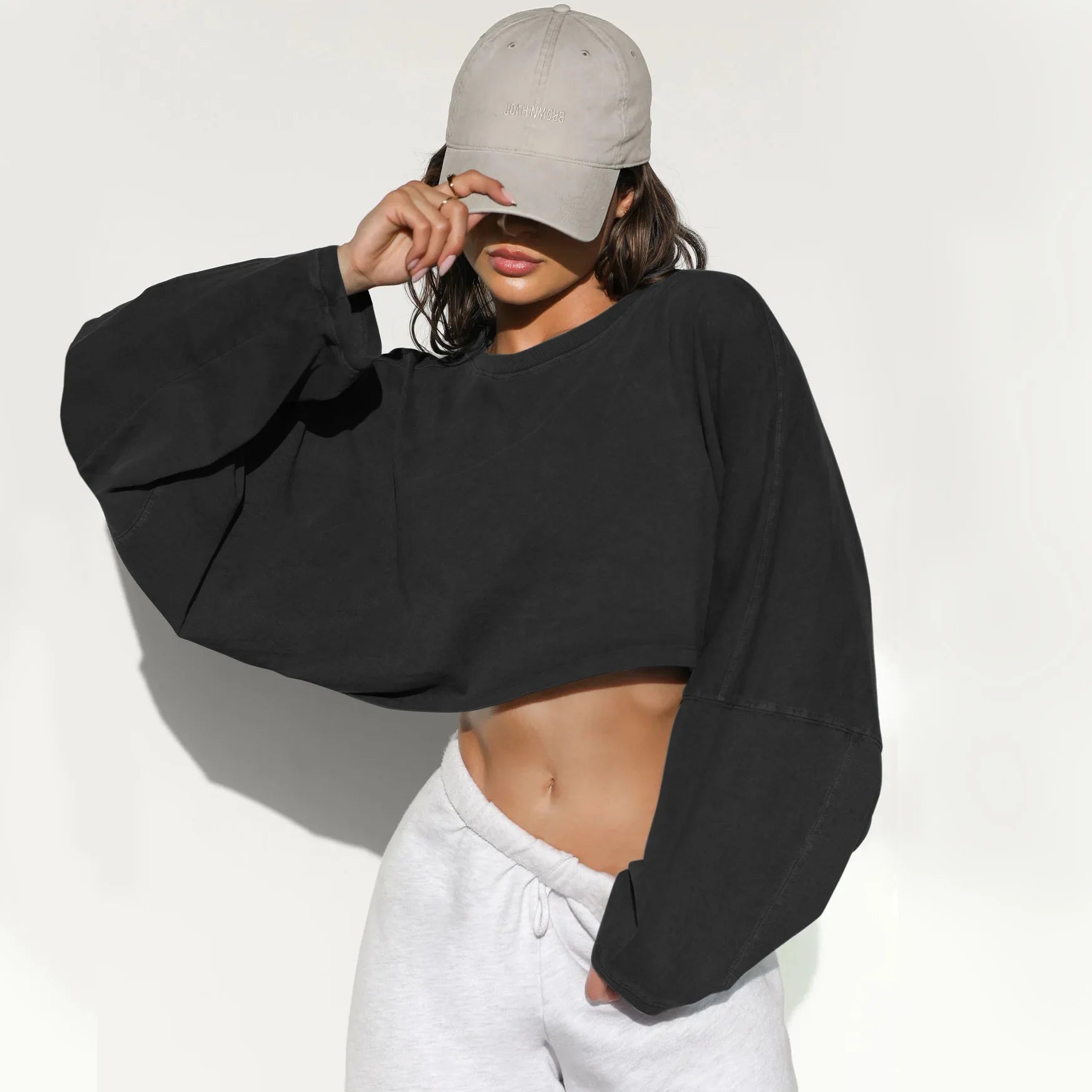 Women's Crop Top Sweatshirts Long Sleeve, Crew Neck, Custom Printing BLANK Streetwear Style