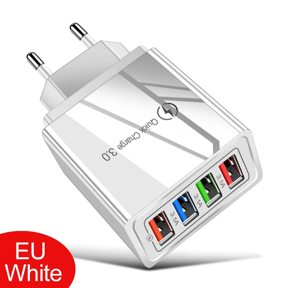 USB Charger 4 Port USB Quick Charge 3.0 EU - US - Plug Mobile Phone Charger Wall Adapter Portable - Fast Charging For iPhone 16 Pro
