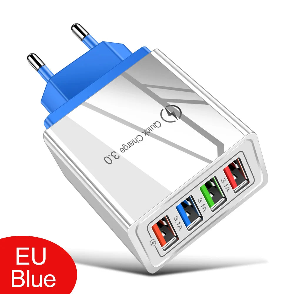 USB Charger 4 Port USB Quick Charge 3.0 EU - US - Plug Mobile Phone Charger Wall Adapter Portable - Fast Charging For iPhone 16 Pro