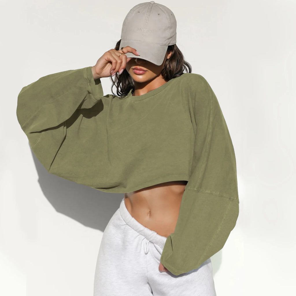 Women's Crop Top Sweatshirts Long Sleeve, Crew Neck, Custom Printing BLANK Streetwear Style