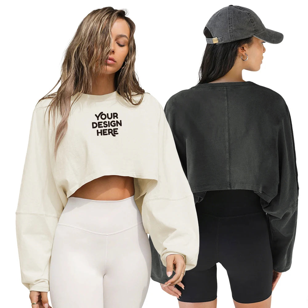 Women's Crop Top Sweatshirts Long Sleeve, Crew Neck, Custom Printing BLANK Streetwear Style