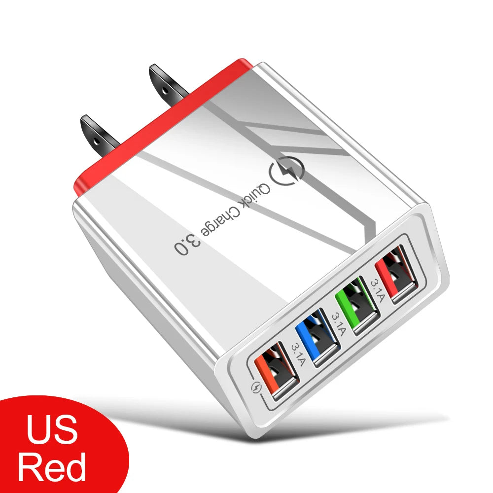 USB Charger 4 Port USB Quick Charge 3.0 EU - US - Plug Mobile Phone Charger Wall Adapter Portable - Fast Charging For iPhone 16 Pro
