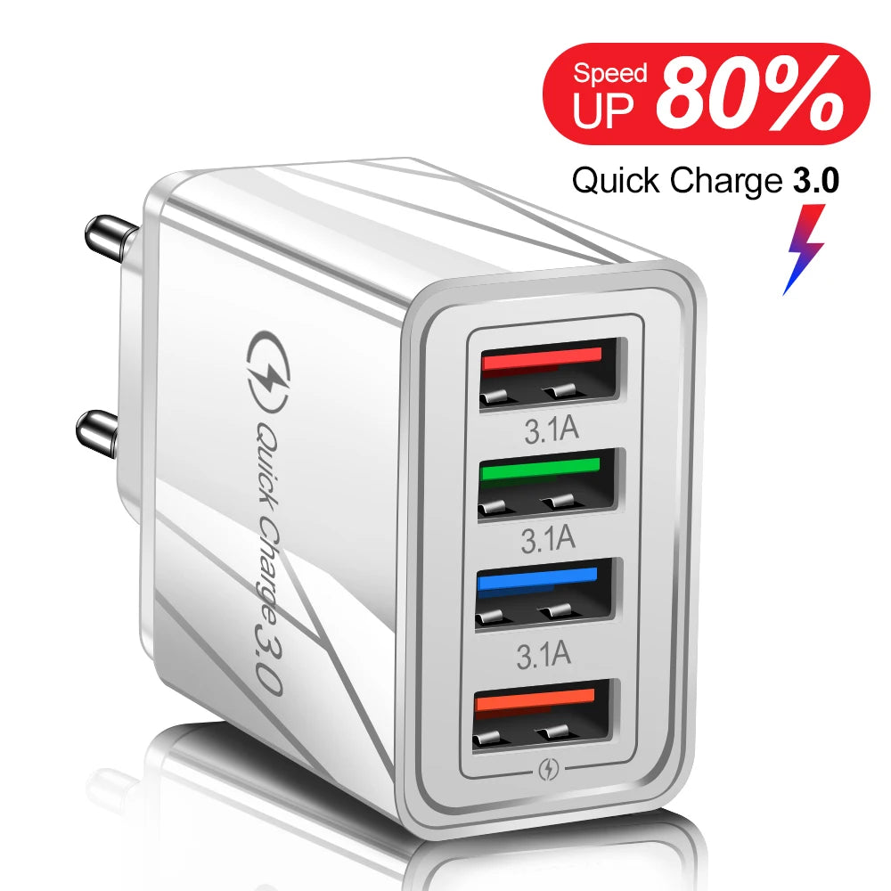 USB Charger 4 Port USB Quick Charge 3.0 EU - US - Plug Mobile Phone Charger Wall Adapter Portable - Fast Charging For iPhone 16 Pro
