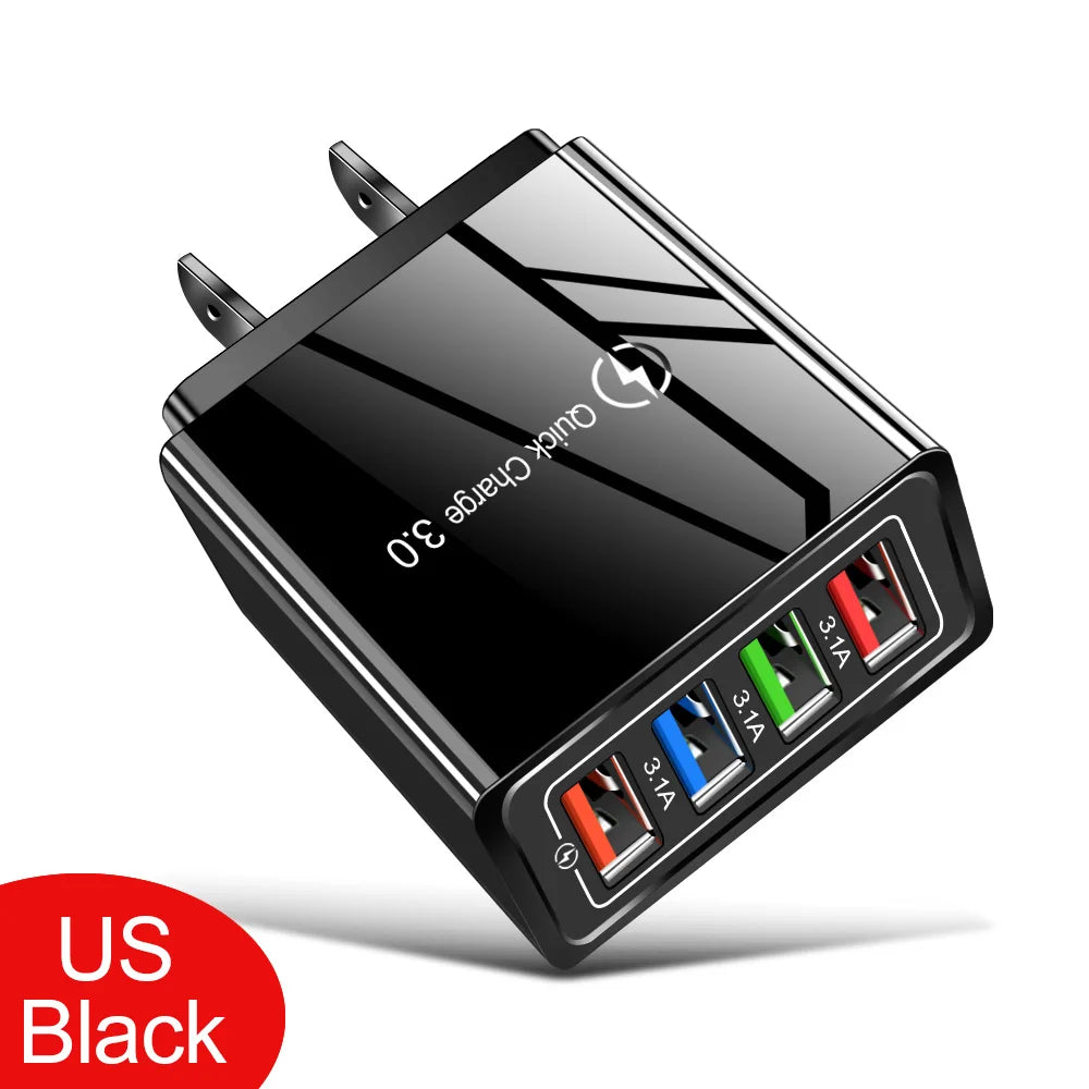 USB Charger 4 Port USB Quick Charge 3.0 EU - US - Plug Mobile Phone Charger Wall Adapter Portable - Fast Charging For iPhone 16 Pro