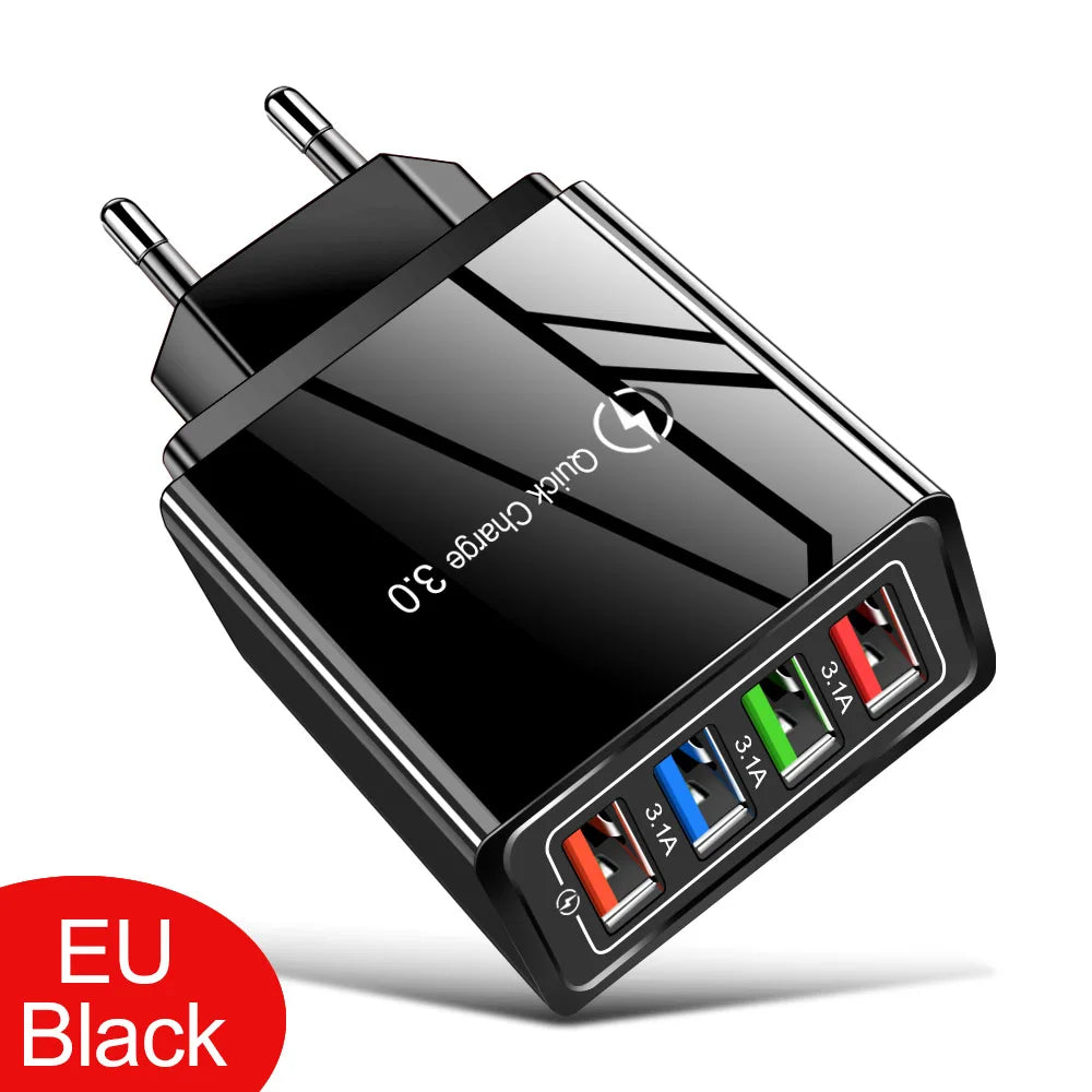 USB Charger 4 Port USB Quick Charge 3.0 EU - US - Plug Mobile Phone Charger Wall Adapter Portable - Fast Charging For iPhone 16 Pro