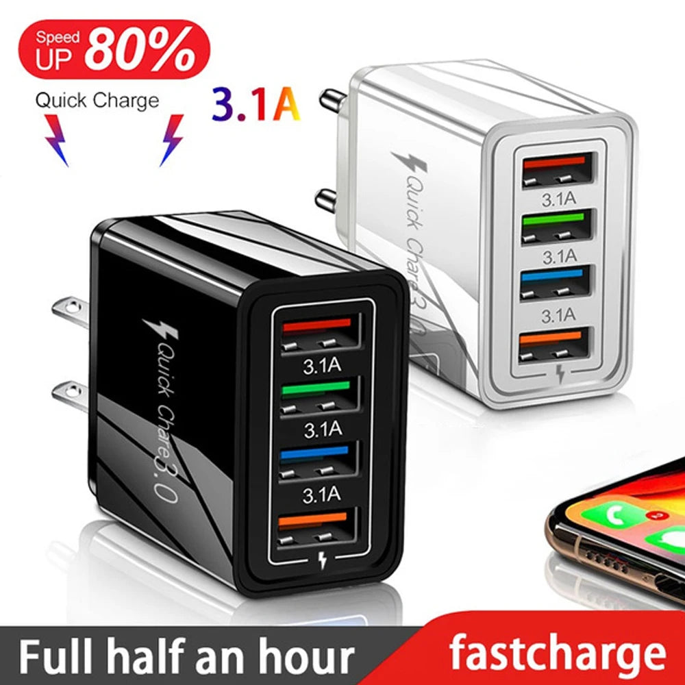 USB Charger 4 Port USB Quick Charge 3.0 EU - US - Plug Mobile Phone Charger Wall Adapter Portable - Fast Charging For iPhone 16 Pro