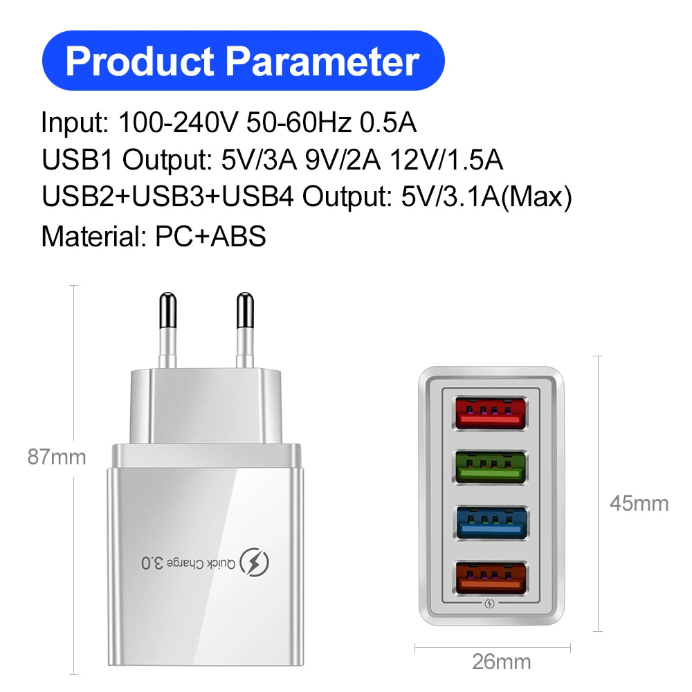 USB Charger 4 Port USB Quick Charge 3.0 EU - US - Plug Mobile Phone Charger Wall Adapter Portable - Fast Charging For iPhone 16 Pro