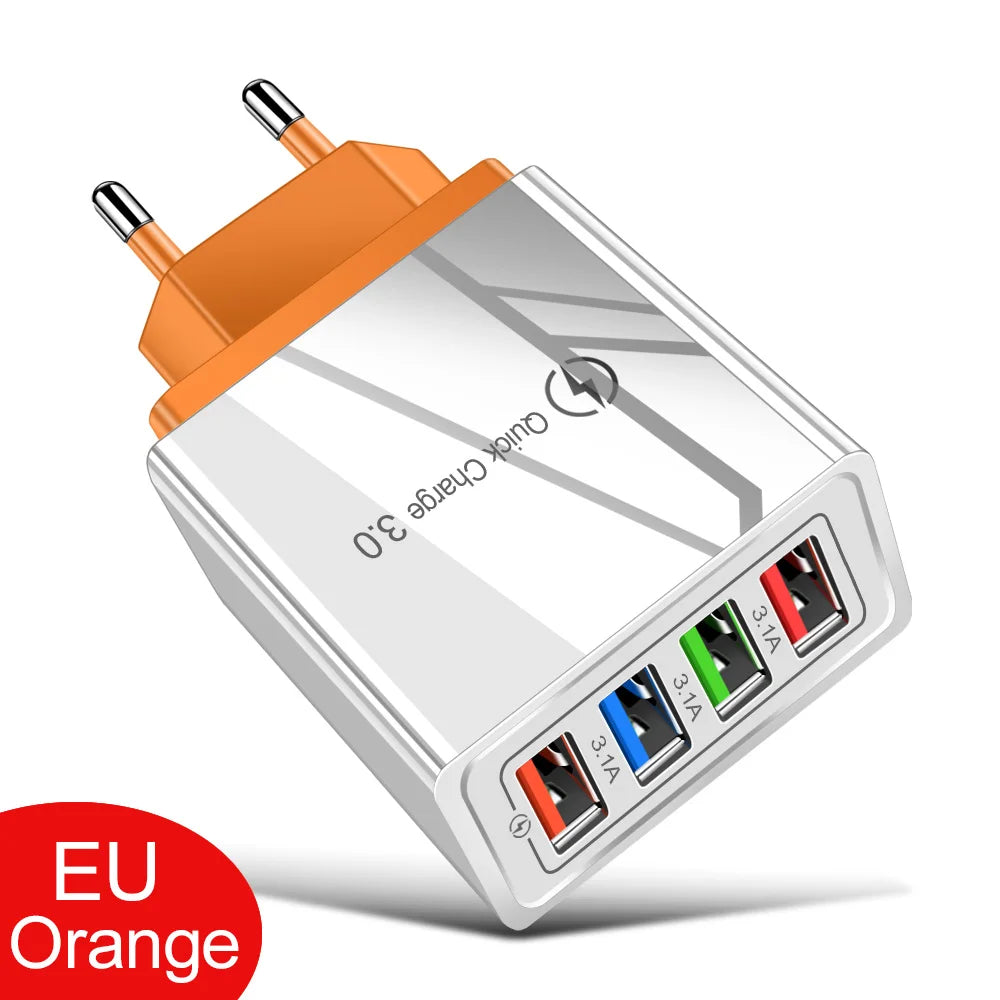 USB Charger 4 Port USB Quick Charge 3.0 EU - US - Plug Mobile Phone Charger Wall Adapter Portable - Fast Charging For iPhone 16 Pro