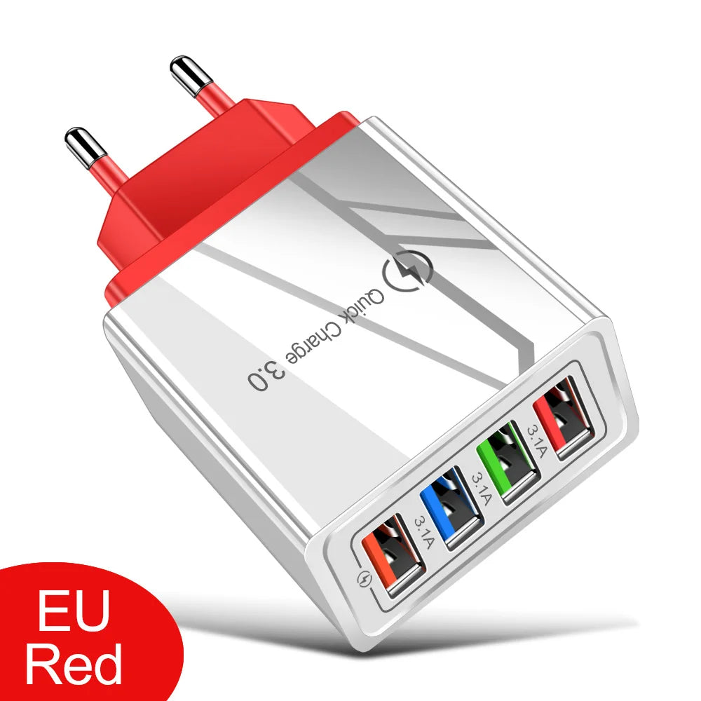 USB Charger 4 Port USB Quick Charge 3.0 EU - US - Plug Mobile Phone Charger Wall Adapter Portable - Fast Charging For iPhone 16 Pro
