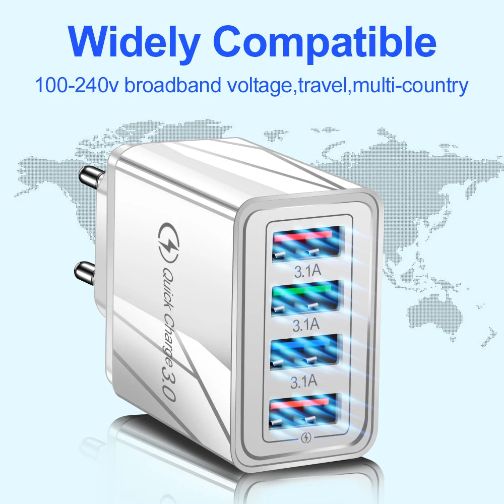 USB Charger 4 Port USB Quick Charge 3.0 EU - US - Plug Mobile Phone Charger Wall Adapter Portable - Fast Charging For iPhone 16 Pro