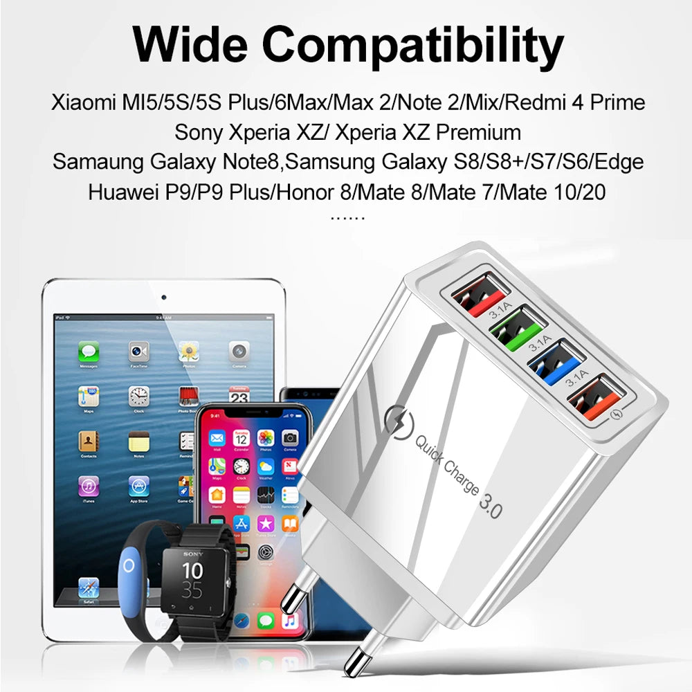 USB Charger 4 Port USB Quick Charge 3.0 EU - US - Plug Mobile Phone Charger Wall Adapter Portable - Fast Charging For iPhone 16 Pro