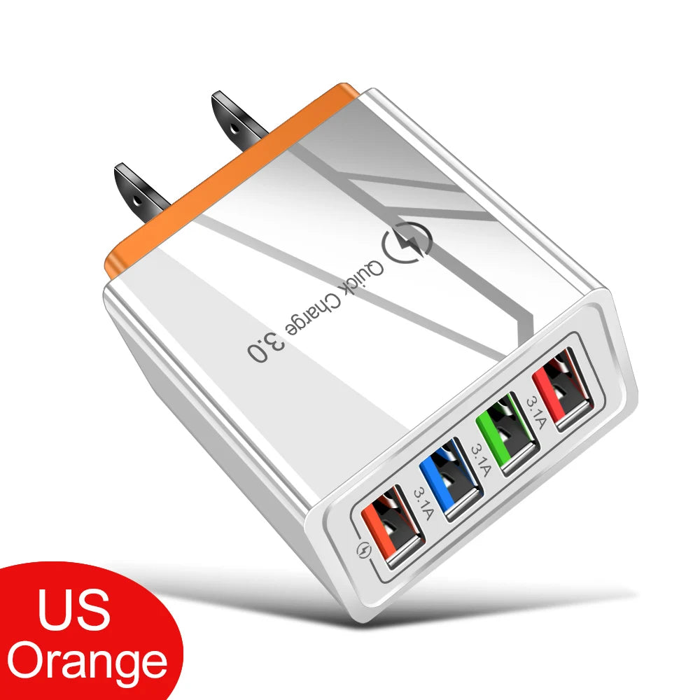 USB Charger 4 Port USB Quick Charge 3.0 EU - US - Plug Mobile Phone Charger Wall Adapter Portable - Fast Charging For iPhone 16 Pro