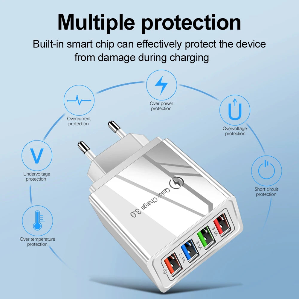 USB Charger 4 Port USB Quick Charge 3.0 EU - US - Plug Mobile Phone Charger Wall Adapter Portable - Fast Charging For iPhone 16 Pro