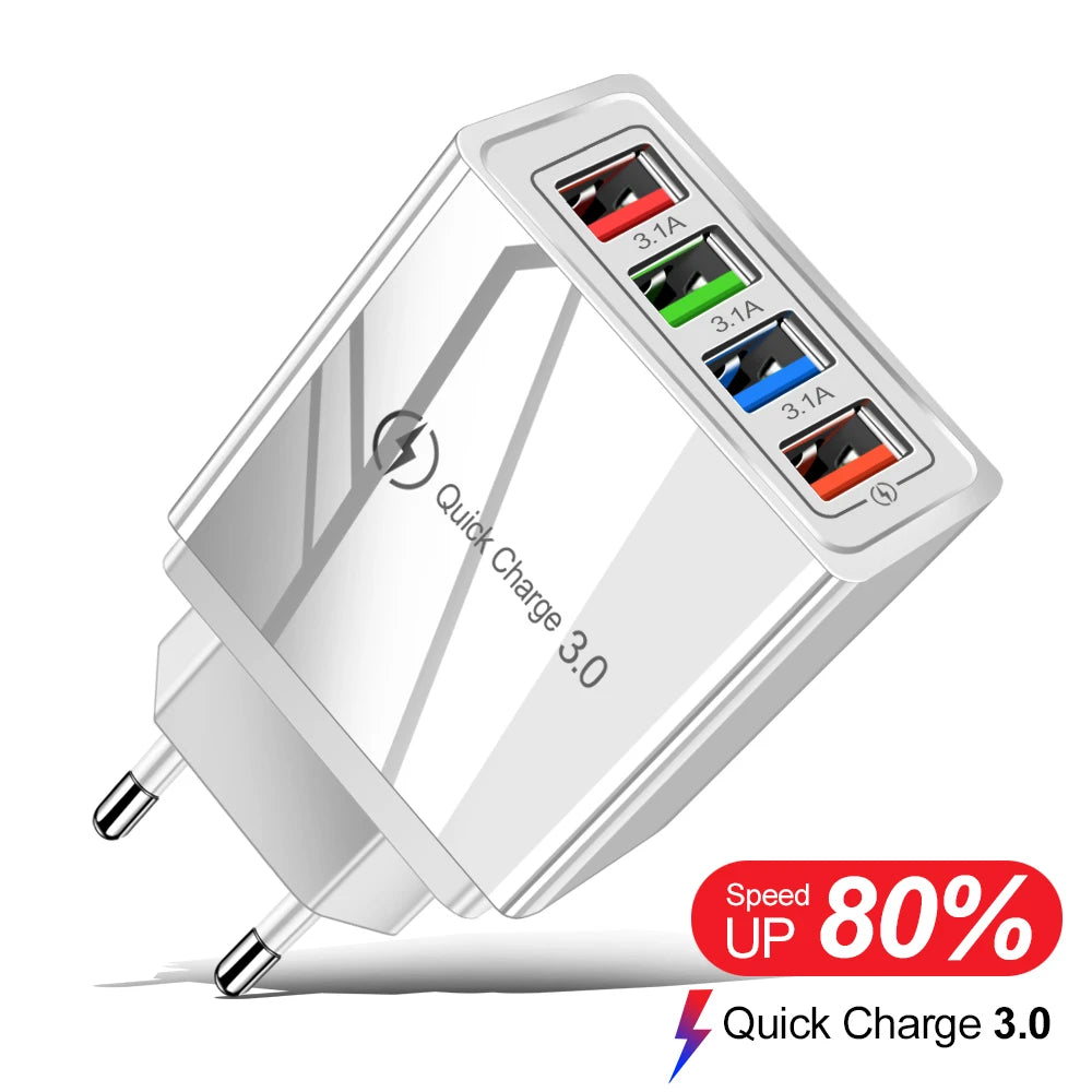USB Charger 4 Port USB Quick Charge 3.0 EU - US - Plug Mobile Phone Charger Wall Adapter Portable - Fast Charging For iPhone 16 Pro