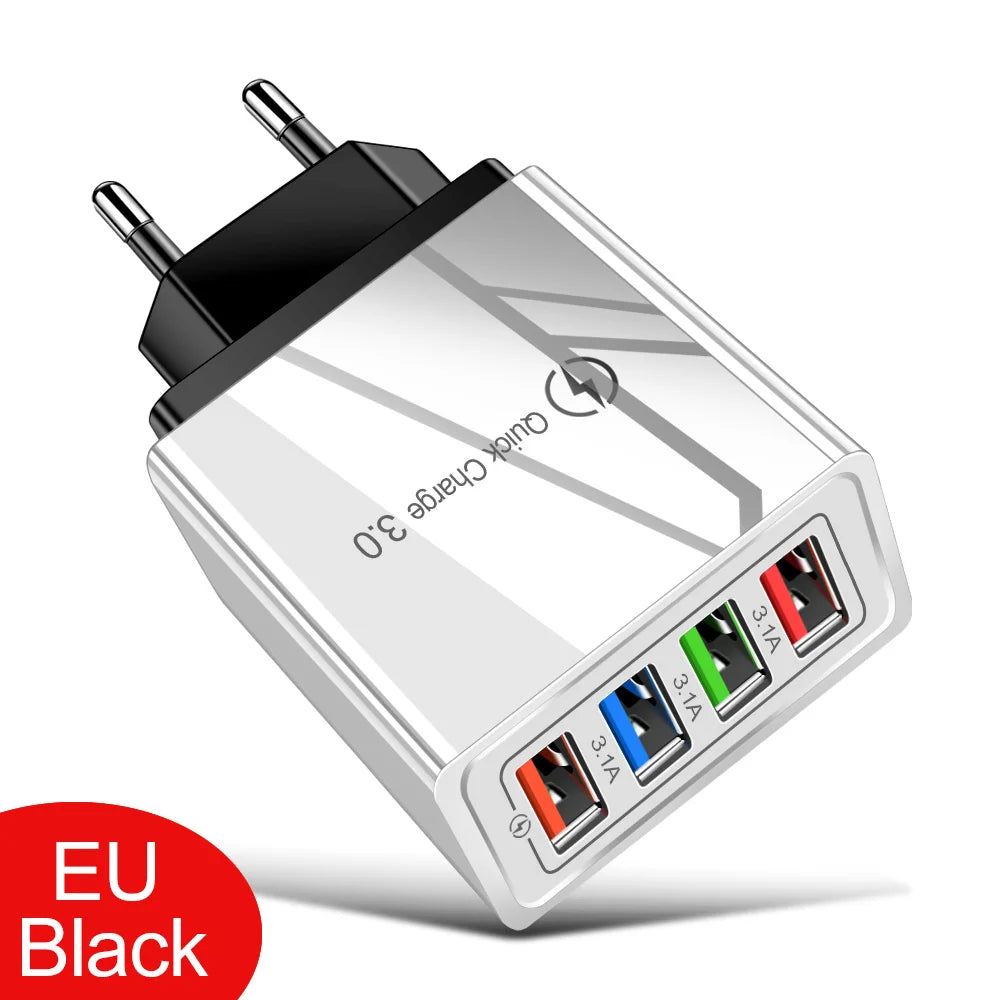 USB Charger 4 Port USB Quick Charge 3.0 EU - US - Plug Mobile Phone Charger Wall Adapter Portable - Fast Charging For iPhone 16 Pro