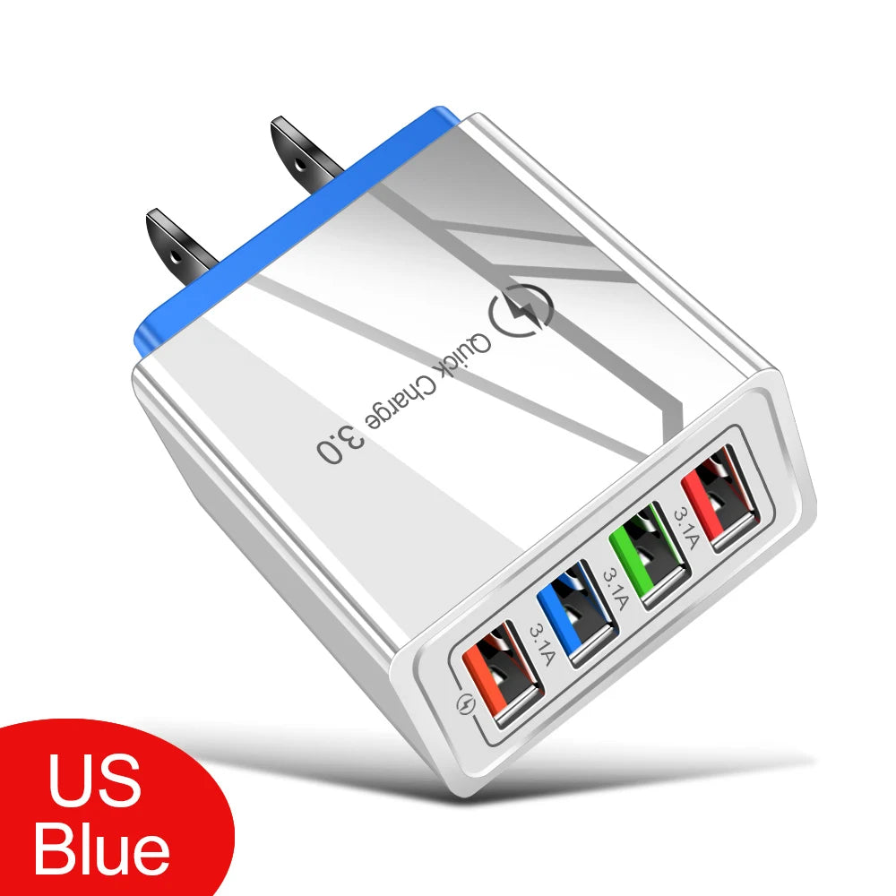 USB Charger 4 Port USB Quick Charge 3.0 EU - US - Plug Mobile Phone Charger Wall Adapter Portable - Fast Charging For iPhone 16 Pro
