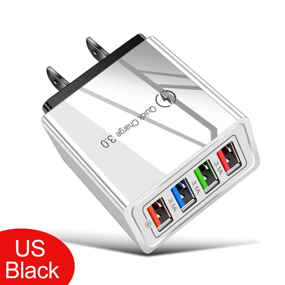 USB Charger 4 Port USB Quick Charge 3.0 EU - US - Plug Mobile Phone Charger Wall Adapter Portable - Fast Charging For iPhone 16 Pro
