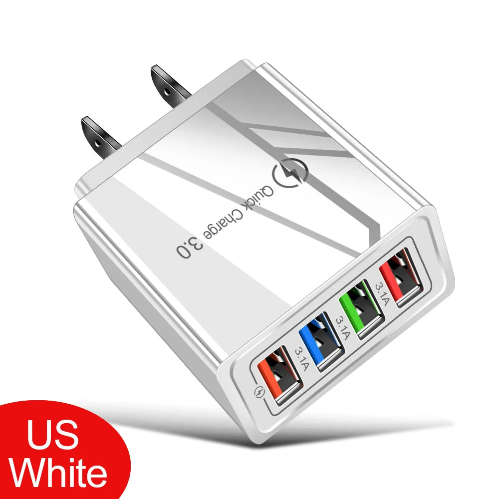 USB Charger 4 Port USB Quick Charge 3.0 EU - US - Plug Mobile Phone Charger Wall Adapter Portable - Fast Charging For iPhone 16 Pro