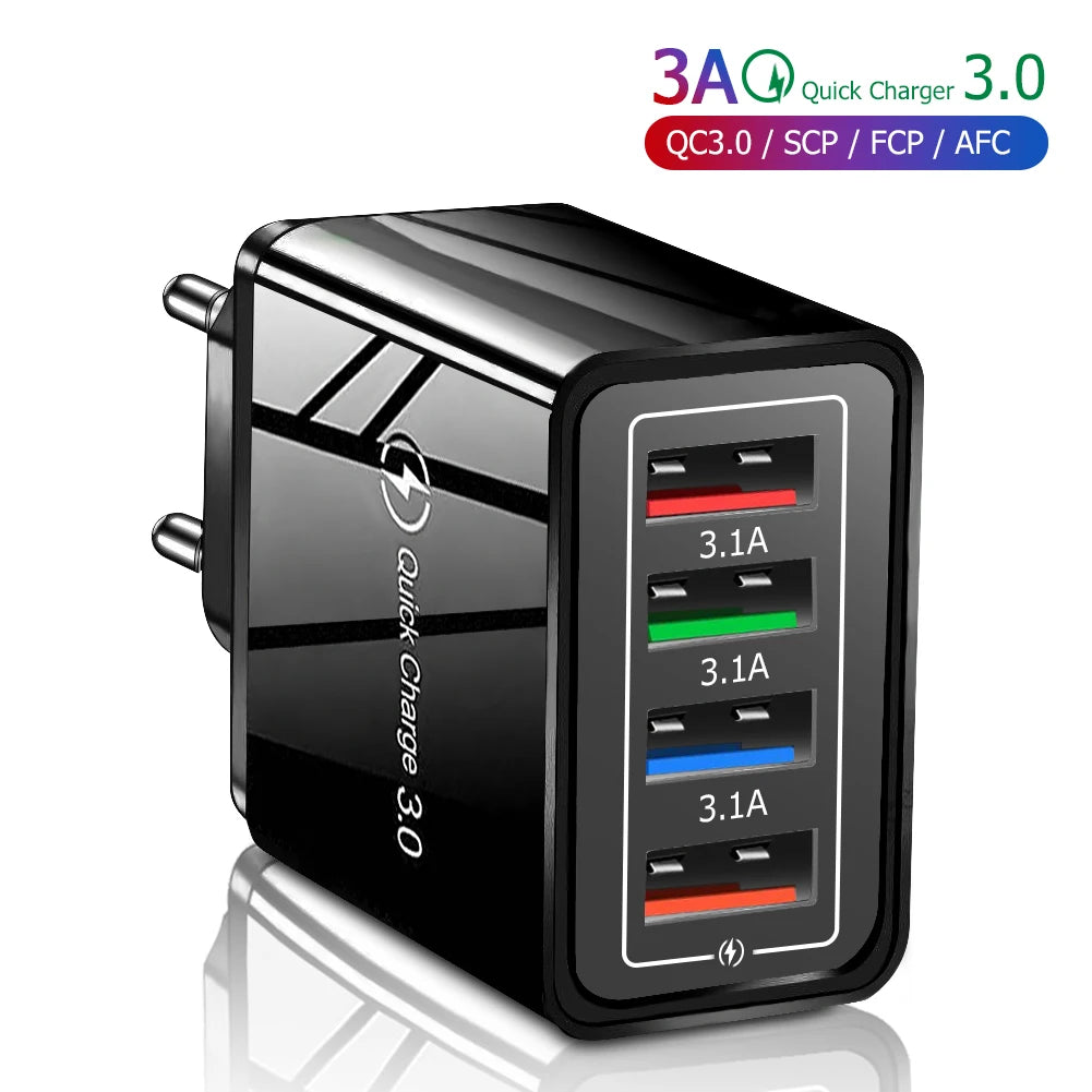 USB Charger 4 Port USB Quick Charge 3.0 EU - US - Plug Mobile Phone Charger Wall Adapter Portable - Fast Charging For iPhone 16 Pro